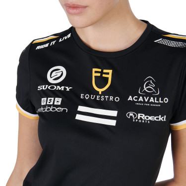 Camiseta de treino feminina GP em tecido técnico com multi-logotipo Equestro Preto