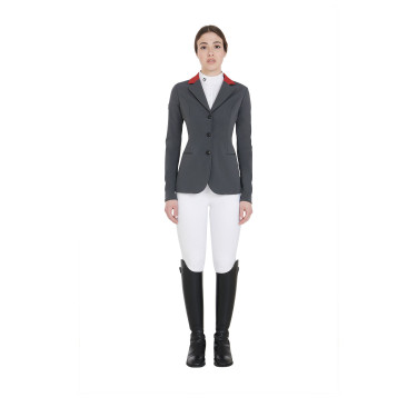 Casaco de competição feminino de 3 botões Elegance Equestro Cinza / bordô Cinzento