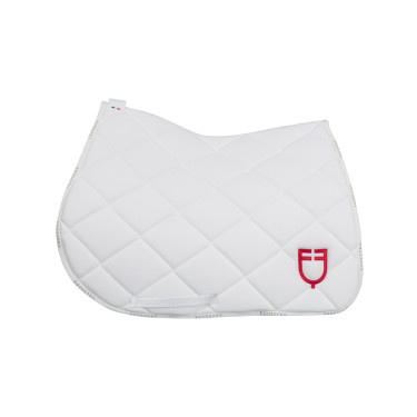 Sela de salto com logotipo multicolorido GP Equestro Branco / branco / vermelho papoula Sela de salto com logotipo multicolorido GP Equestro Branco / branco / vermelho papoula