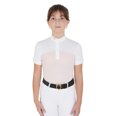 Polo Feminino de Concurso com Mangas Curtas e Botões com Mesh Equestro Rosa