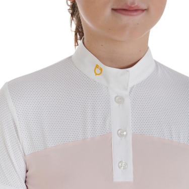 Polo Feminino de Concurso com Mangas Curtas e Botões com Mesh Equestro Rosa