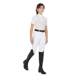 Polo Feminino de Concurso com Mangas Curtas e Botões com Mesh Equestro Rosa