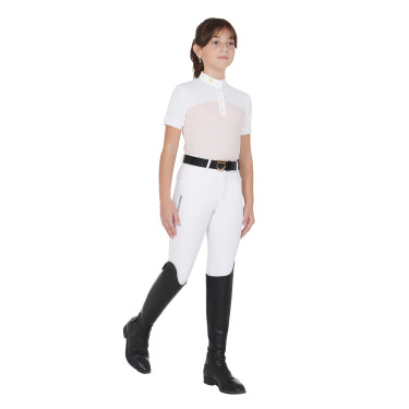 Polo Feminino de Concurso com Mangas Curtas e Botões com Mesh Equestro Rosa