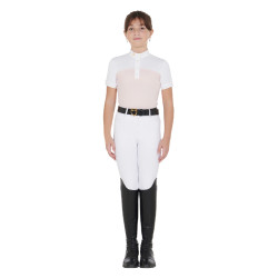 Polo Feminino de Concurso com Mangas Curtas e Botões com Mesh Equestro Rosa