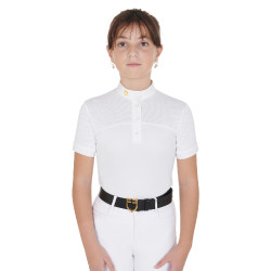 Polo Feminino de Concurso com Mangas Curtas e Botões com Mesh Equestro Branco