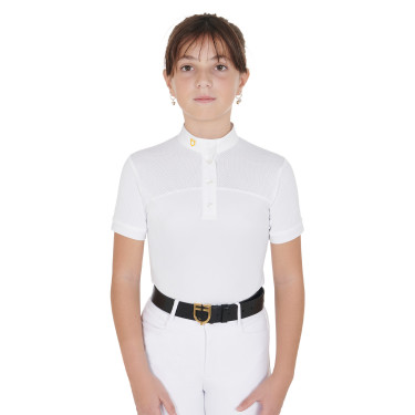 Polo Feminino de Concurso com Mangas Curtas e Botões com Mesh Equestro Branco Polo Feminino de Concurso com Mangas Curtas e Botões com Mesh Equestro Branco