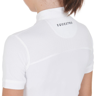 Polo Feminino de Concurso com Mangas Curtas e Botões com Mesh Equestro Branco Polo Feminino de Concurso com Mangas Curtas e Botões com Mesh Equestro Branco
