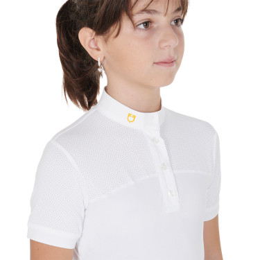Polo Feminino de Concurso com Mangas Curtas e Botões com Mesh Equestro Branco Polo Feminino de Concurso com Mangas Curtas e Botões com Mesh Equestro Branco
