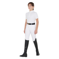 Polo Feminino de Concurso com Mangas Curtas e Botões com Mesh Equestro Branco