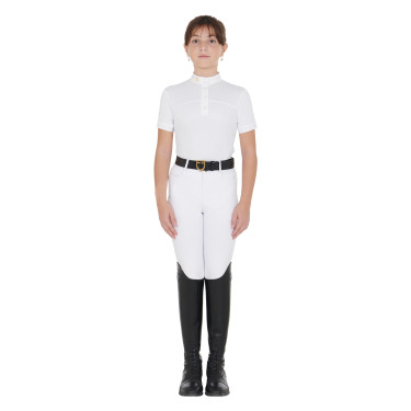 Polo Feminino de Concurso com Mangas Curtas e Botões com Mesh Equestro Branco Polo Feminino de Concurso com Mangas Curtas e Botões com Mesh Equestro Branco