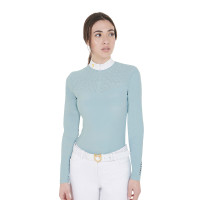 Polo de competição Feminino de Manga Comprida em Tecido Técnico e Mesh Equestro Névoa cinza Azul Polo de competição Feminino de Manga Comprida em Tecido Técnico e Mesh Equestro Névoa cinza Azul