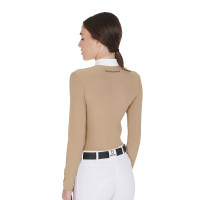 Polo de competição Feminino de Manga Comprida em Tecido Técnico e Mesh Equestro Bege Polo de competição Feminino de Manga Comprida em Tecido Técnico e Mesh Equestro Bege