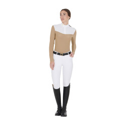Polo de competição Feminino de Manga Comprida em Tecido Técnico e Mesh Equestro Bege