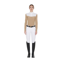 Polo de competição Feminino de Manga Comprida em Tecido Técnico e Mesh Equestro Bege