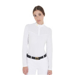 Polo de competição Feminino de Manga Comprida em Tecido Técnico e Mesh Equestro Branco