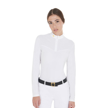 Polo de competição Feminino de Manga Comprida em Tecido Técnico e Mesh Equestro Branco