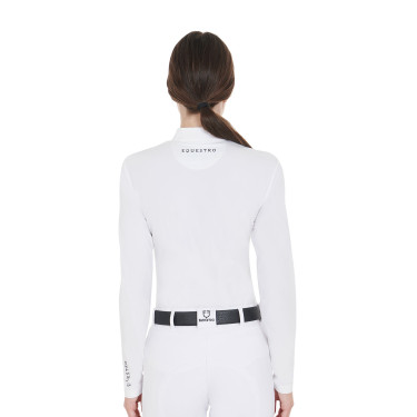Polo de competição Feminino de Manga Comprida em Tecido Técnico e Mesh Equestro Branco