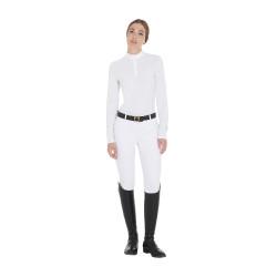 Polo de competição Feminino de Manga Comprida em Tecido Técnico e Mesh Equestro Branco