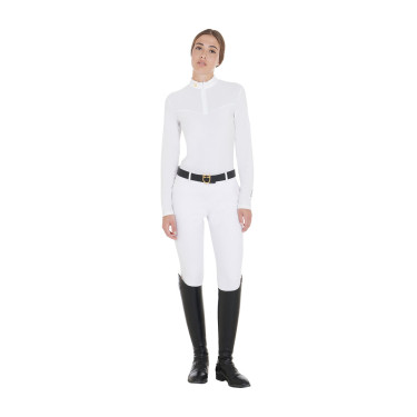 Polo de competição Feminino de Manga Comprida em Tecido Técnico e Mesh Equestro Branco