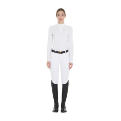 Polo de competição Feminino de Manga Comprida em Tecido Técnico e Mesh Equestro Branco