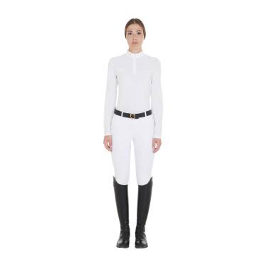 Polo de competição Feminino de Manga Comprida em Tecido Técnico e Mesh Equestro Branco