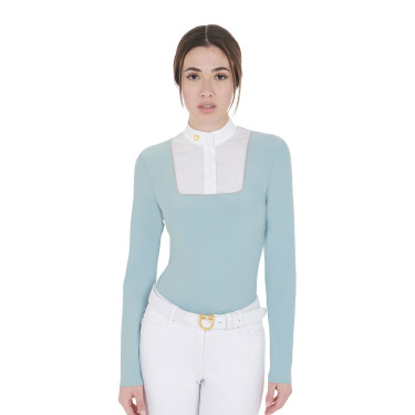 Polo de competição feminino de mangas compridas com botões Equestro Névoa cinza Azul