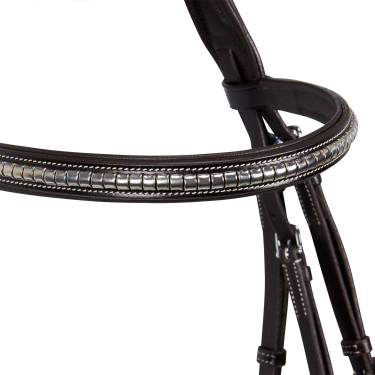 Cabeçada inglesa de couro com clincher em níquel prateado NP Equestro Castanho escuro