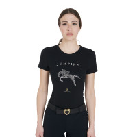 T-shirt feminino slim fit salto de obstáculos com strass Equestro Preto T-shirt feminino slim fit salto de obstáculos com strass Equestro Preto