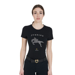T-shirt feminino slim fit salto de obstáculos com strass Equestro Preto