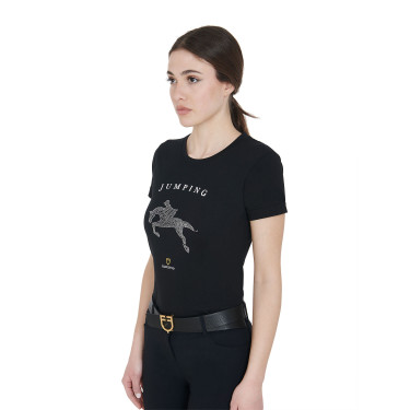T-shirt feminino slim fit salto de obstáculos com strass Equestro Preto