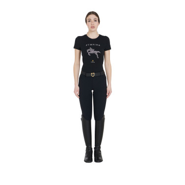 T-shirt feminino slim fit salto de obstáculos com strass Equestro Preto
