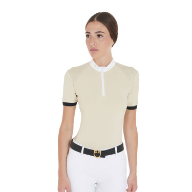 Polo de competição feminino corte slim com recortes contrastantes nos ombros Equestro Polo de competição feminino corte slim com recortes contrastantes nos ombros Equestro