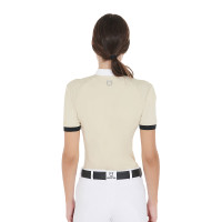 Polo de competição feminino corte slim com recortes contrastantes nos ombros Equestro Bege Polo de competição feminino corte slim com recortes contrastantes nos ombros Equestro Bege