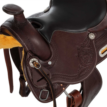 Sela western com ferragens em aço inoxidável, couro granulado e estampagem floral 2815 Denver Sela western com ferragens em aço inoxidável, couro granulado e estampagem floral 2815 Denver