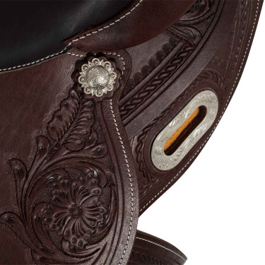 Sela western com ferragens em aço inoxidável, couro granulado e estampagem floral 2815 Denver Sela western com ferragens em aço inoxidável, couro granulado e estampagem floral 2815 Denver