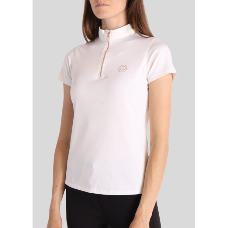 Polo de Equitação Everly Mon Tech feminino de mangas curtas rosa dourado Polo de Equitação Everly Mon Tech feminino de mangas curtas rosa dourado