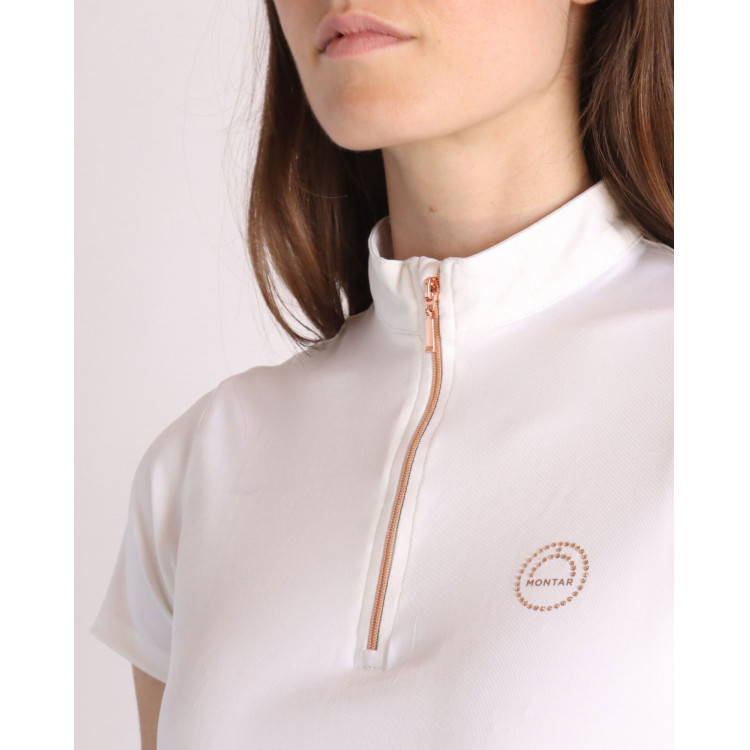 Polo de Equitação Everly Mon Tech feminino de mangas curtas rosa dourado Polo de Equitação Everly Mon Tech feminino de mangas curtas rosa dourado