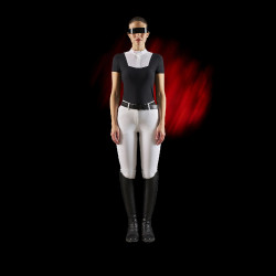 Polo de competição feminino Equestro Ridertechnology de mangas curtas com botões Branco / preto