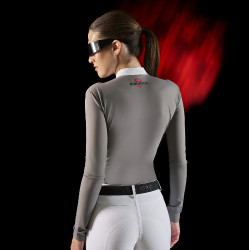 Polo de competição feminino Equestro Ridertechnology de mangas compridas com zíper Pássaro zombeteiro Cinzento Polo de competição feminino Equestro Ridertechnology de mangas compridas com zíper Pássaro zombeteiro Cinzento