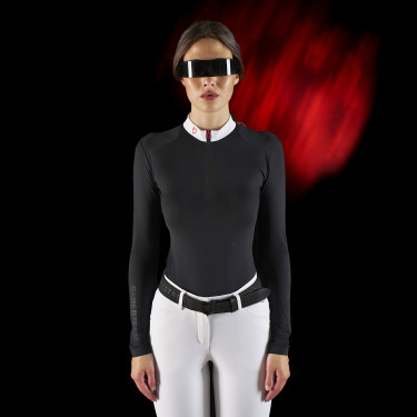 Polo de competição feminino Equestro Ridertechnology de mangas compridas com zíper Preto