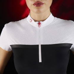 Polo de competição feminino Equestro Ridertechnology em tecido perfurado Branco / preto Polo de competição feminino Equestro Ridertechnology em tecido perfurado Branco / preto