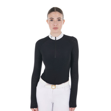 Polo de competição slim fit feminino com inserções em malha Equestro Preto