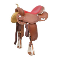 Sela Pool's Barrel 5020 com assento vermelho e acabamento em rawhide colorido Conhaque Castanho Sela Pool's Barrel 5020 com assento vermelho e acabamento em rawhide colorido Conhaque Castanho