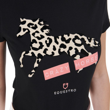 T-shirt de algodão feminino Crazy Horse Equestro Preto T-shirt de algodão feminino Crazy Horse Equestro Preto