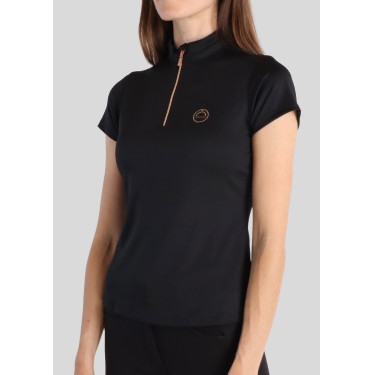 Polo de Equitação Everly Mon Tech feminino de mangas curtas rosa dourado Preto