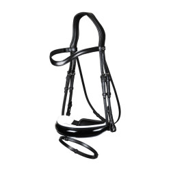 Bridão coleção Dy'on dressage couro liso Cavesseira Combinada Larga Envernizada Forro Branco Preto