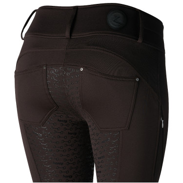 Calça de equitação térmica full grip Horze Rhea infantil bolsos traseiros Castanho escuro