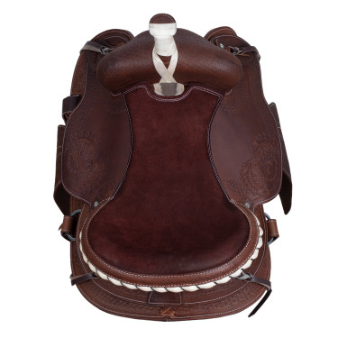 Sela western Lakota com aba redonda gravada e fio de prata Castanho