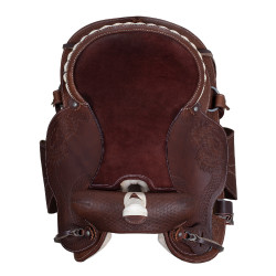 Sela western Lakota com aba redonda gravada e fio de prata Castanho