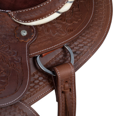 Sela western Lakota com aba redonda gravada e fio de prata Castanho